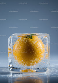 Fresh Orange Frozen Inside Transparent Ice Cube