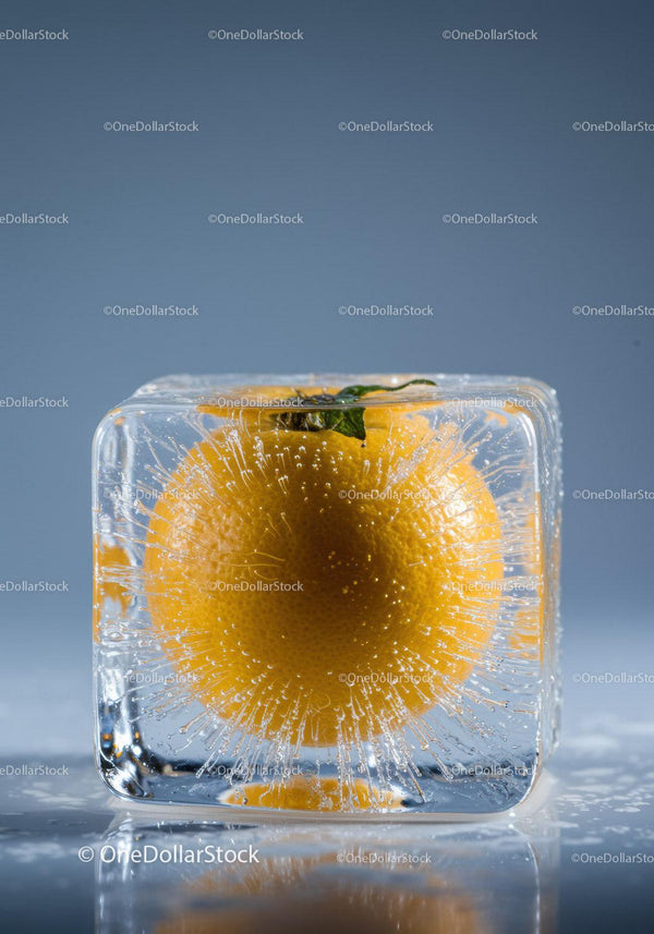 Fresh Orange Frozen Inside Transparent Ice Cube