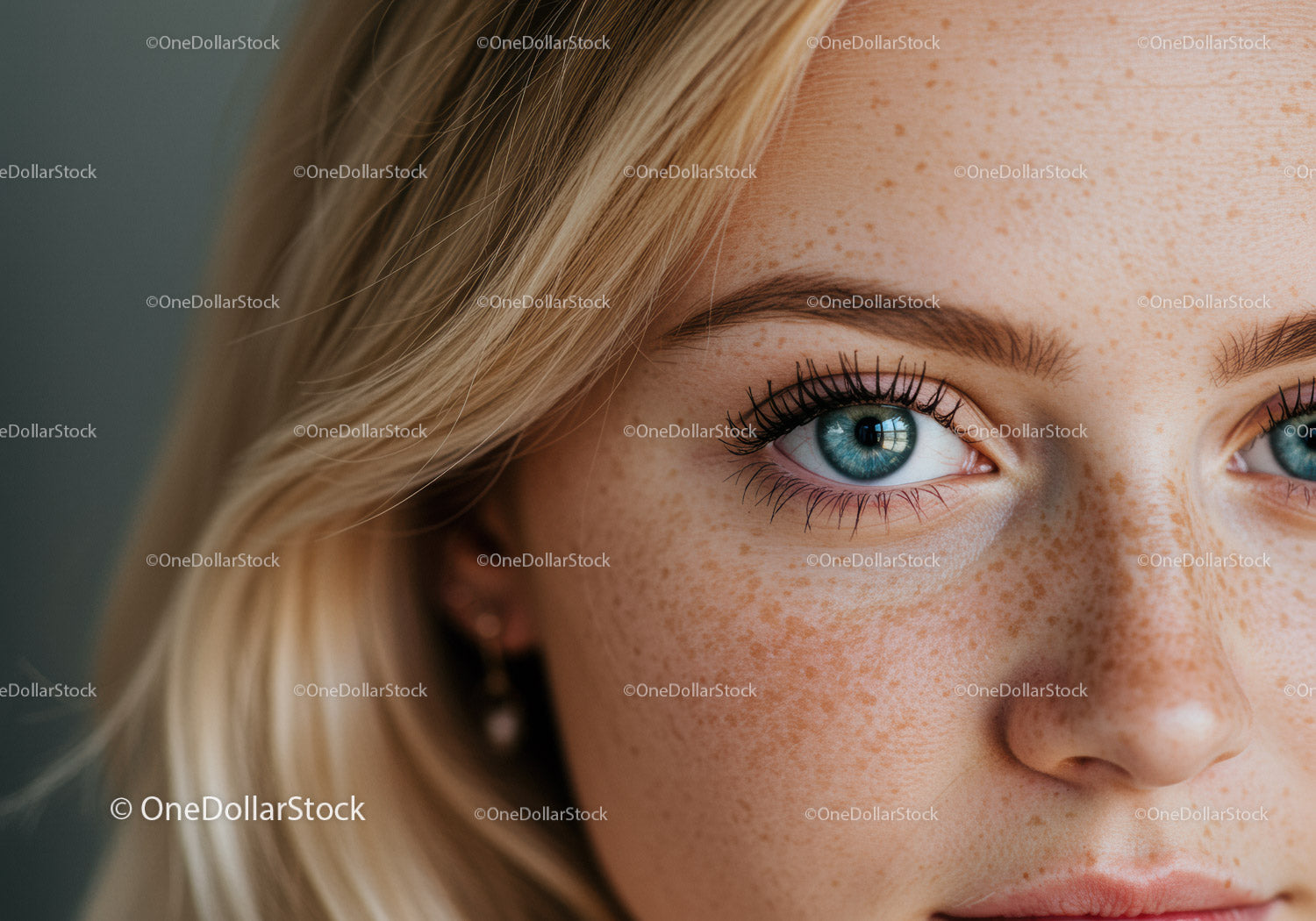 Close-up of young woman with natural freckles and blue eyes