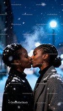 Couple sharing tender kiss on snowy winter night