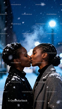 Couple sharing tender kiss on snowy winter night
