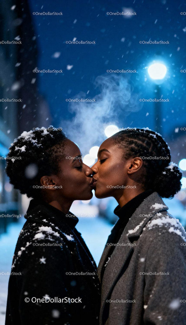 Couple sharing tender kiss on snowy winter night
