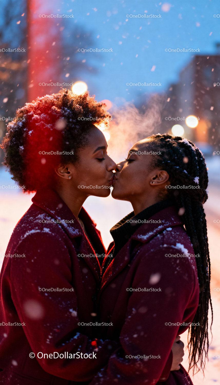 Couple sharing a tender kiss on snowy winter evening