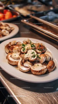 Fresh Sliced Mushrooms Garnished with Parsley on White Plate