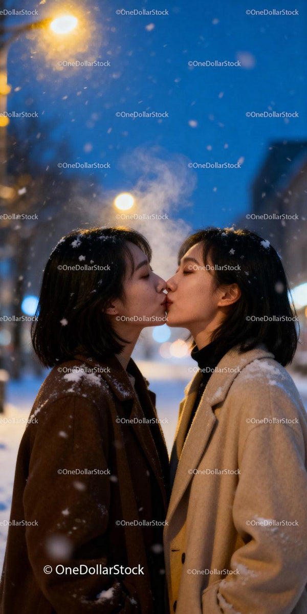Romantic winter kiss under falling snow at night