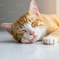Calm ginger cat peacefully sleeping on smooth floor