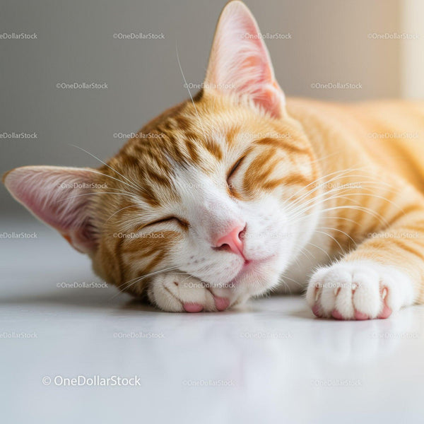 Calm ginger cat peacefully sleeping on smooth floor