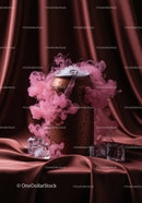 Icy Beverage Can Surrounded by Pink Smoke on Satin Fabric