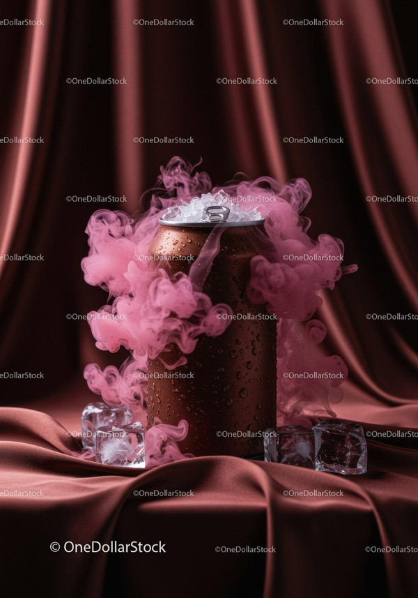 Icy Beverage Can Surrounded by Pink Smoke on Satin Fabric