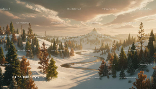 Serene snow-covered valley with winding river at sunset