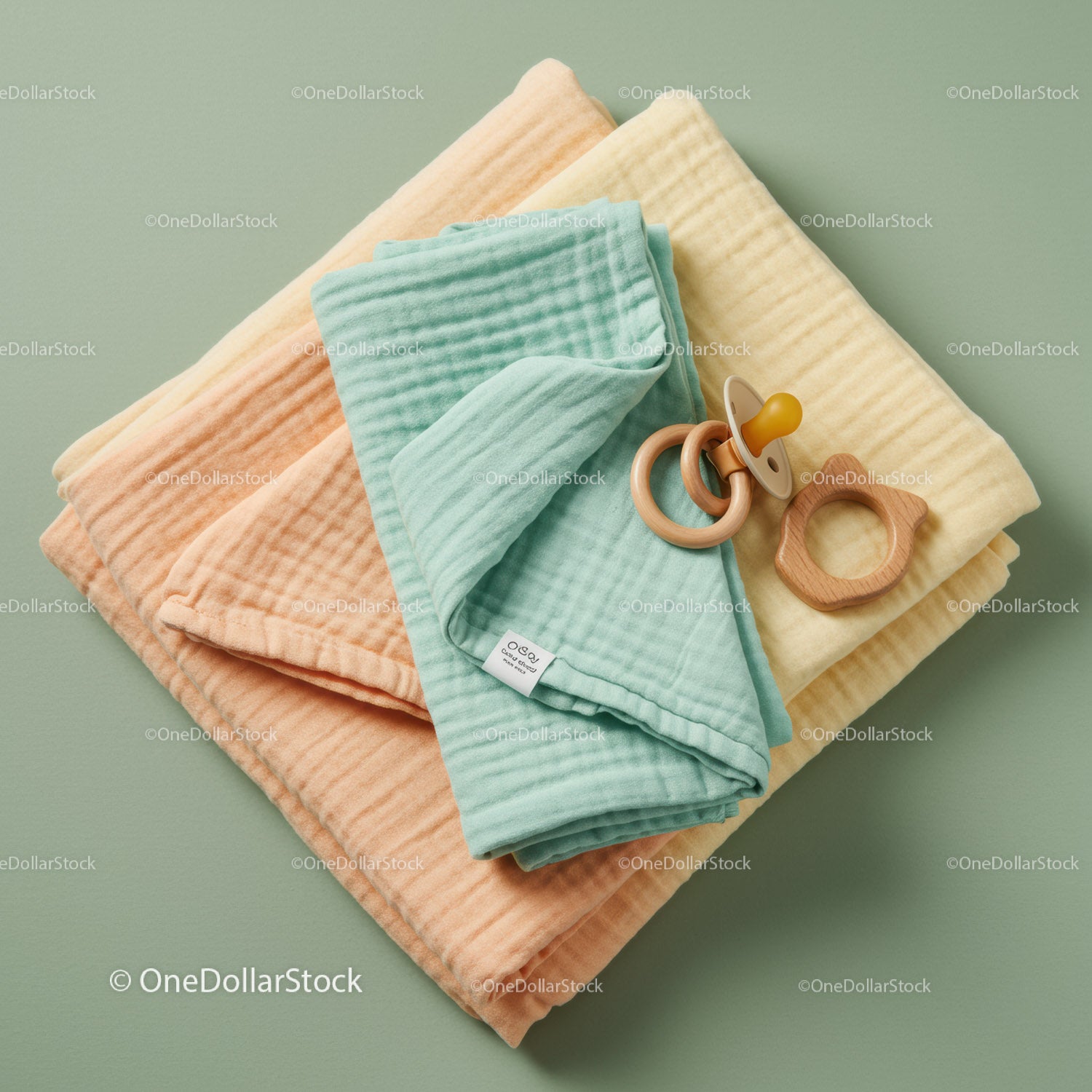 Soft pastel baby blankets with wooden pacifier and toy
