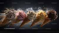 Variety of Ice Cream Scoops in Waffle Cones with Splash Effect