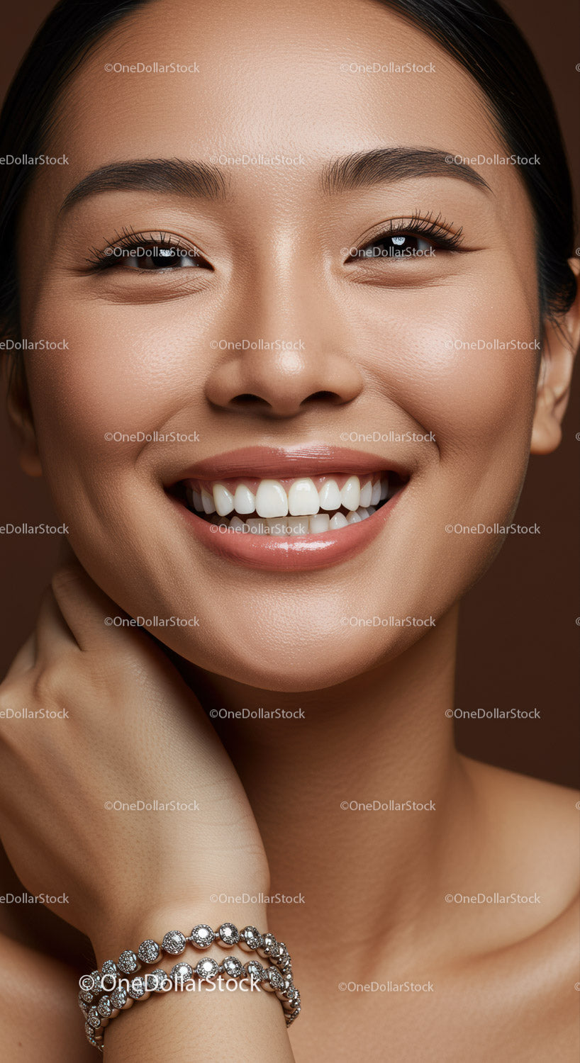 Closeup of joyful woman smiling with elegant diamond bracelets