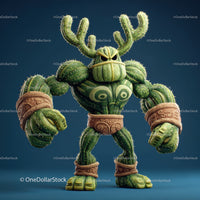 Vibrant Green Anthropomorphic Cactus Character with Muscular Build