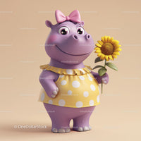 Cute Cartoon Hippo Holding Sunflower in Yellow Dress for Kids Illustration