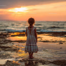 Silhouette of a Child at Sunset by the Ocean Shore