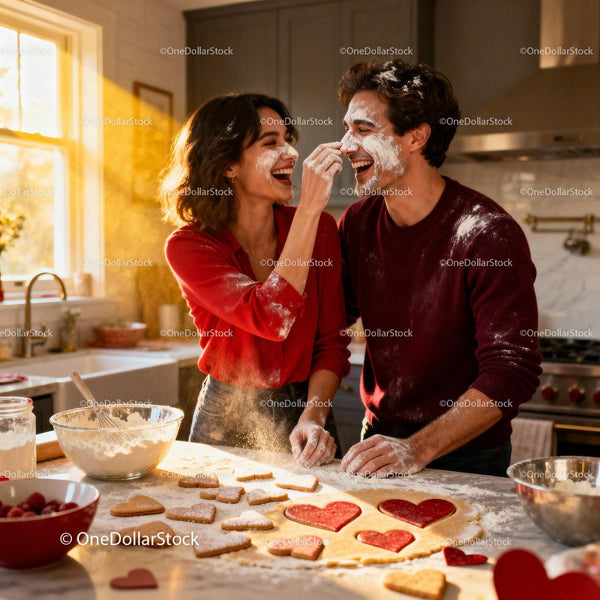 Couple Playfully Baking Heart-Shaped Cookies Together