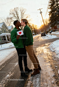 Couple Sharing a Kiss Holding Heart Card Outdoors