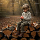 Child Sitting on Firewood Holding a Red Apple Outdoors
