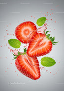 Fresh strawberry halves with mint leaves and water splash