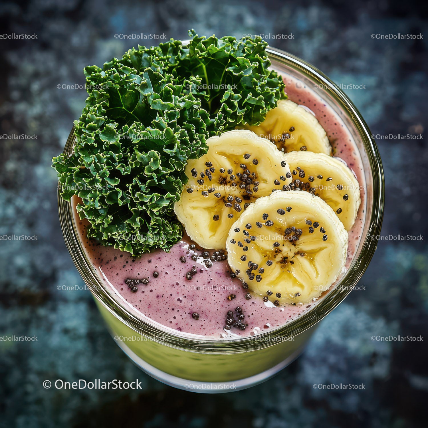 Fresh Banana and Kiwi Smoothie with Kale and Berries in Tall Glass