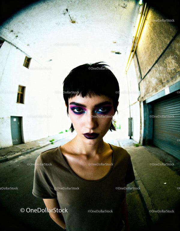 Young woman with bold artistic makeup in urban alley