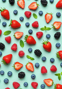Fresh Mixed Berries and Mint Leaves on Blue Background
