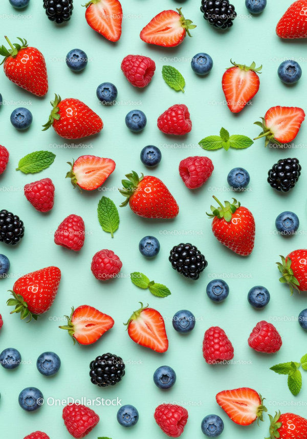 Fresh Mixed Berries and Mint Leaves on Blue Background