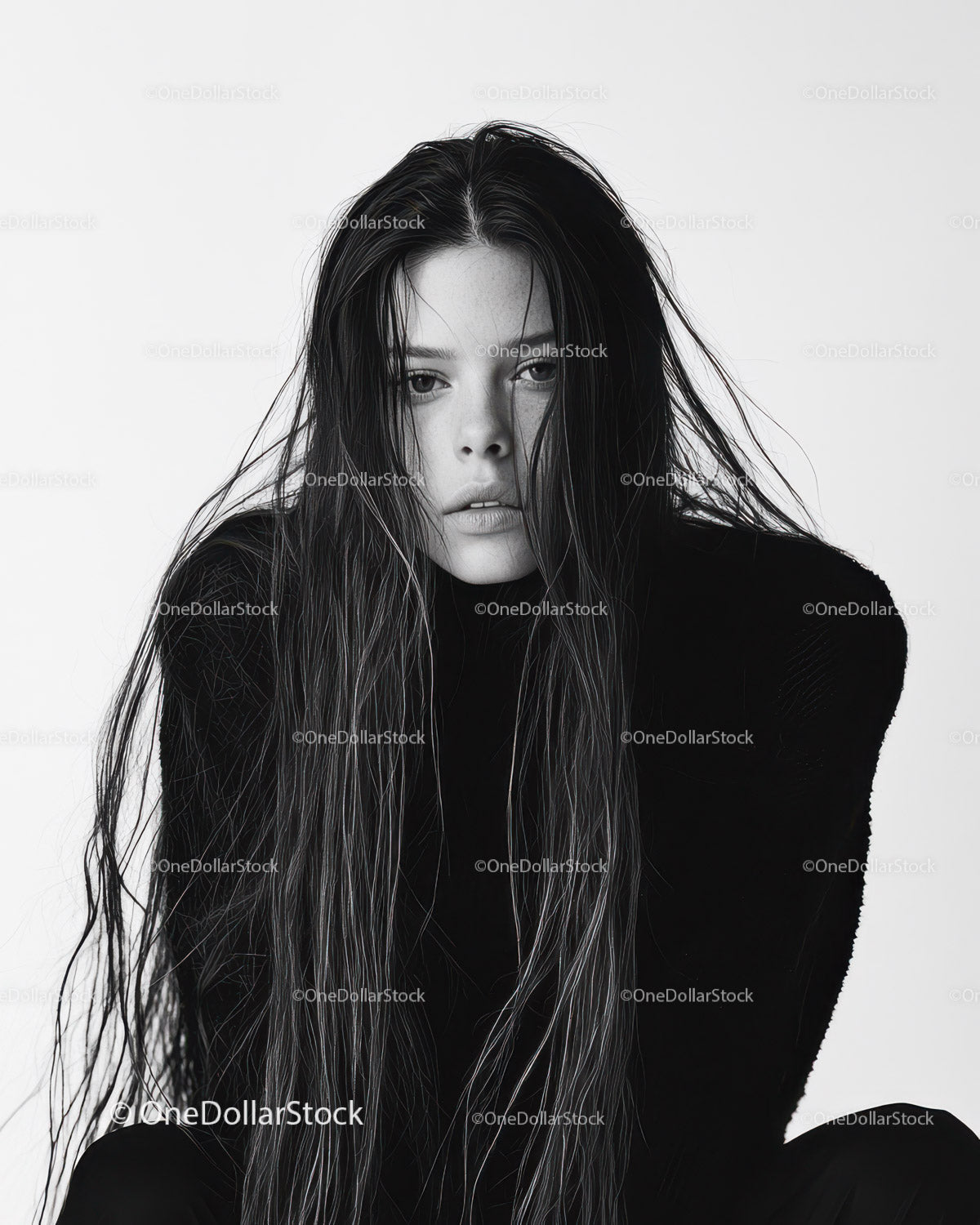 Fashion Portrait of Young Woman with Wet Hair in Monochrome Style