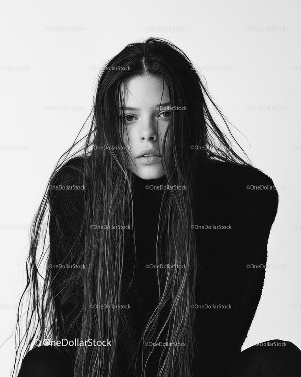 Modny Portret Młodej Kobiety z Mokrymi Włosami w Stylu Monochromatycznym
