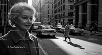 Elegant Woman Walking in Black and White City Street Scene