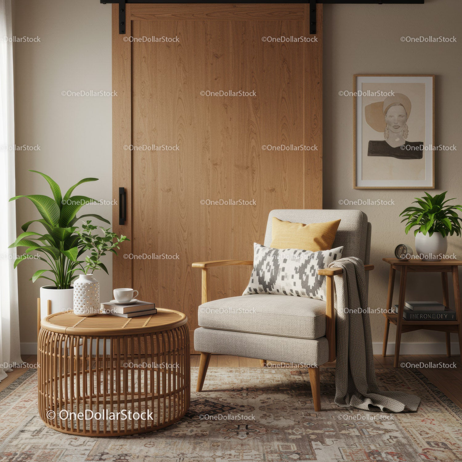 Przytulny kącik do czytania w stylowym salonie w stylu mid-century