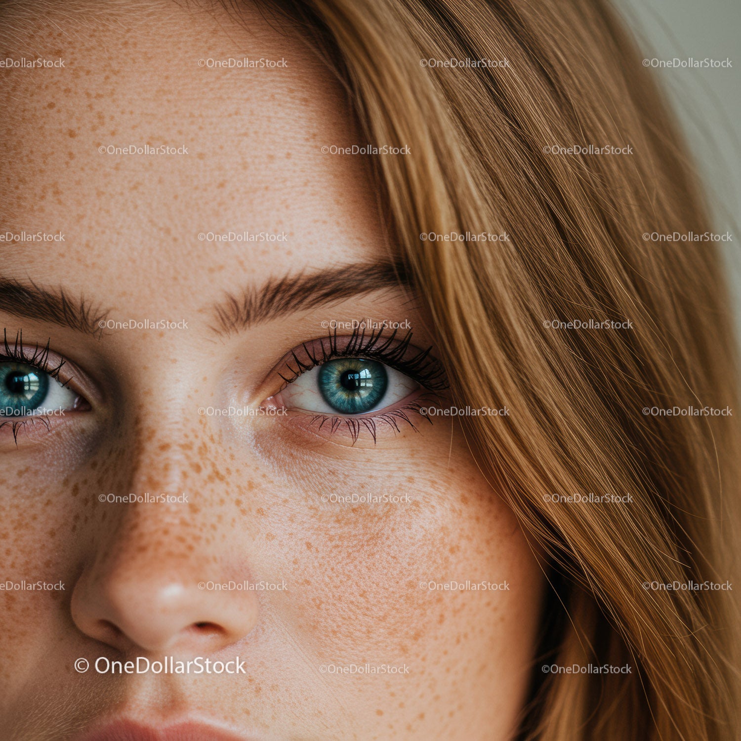 Close Up of Woman's Freckled Face and Blue Eyes