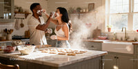 Couple Playfully Baking Heart Cookies in Bright Kitchen