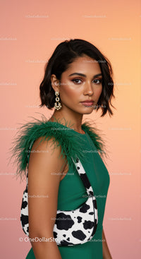 Elegant Woman in Green Dress with Feathered Shoulder and Cow Print Purse