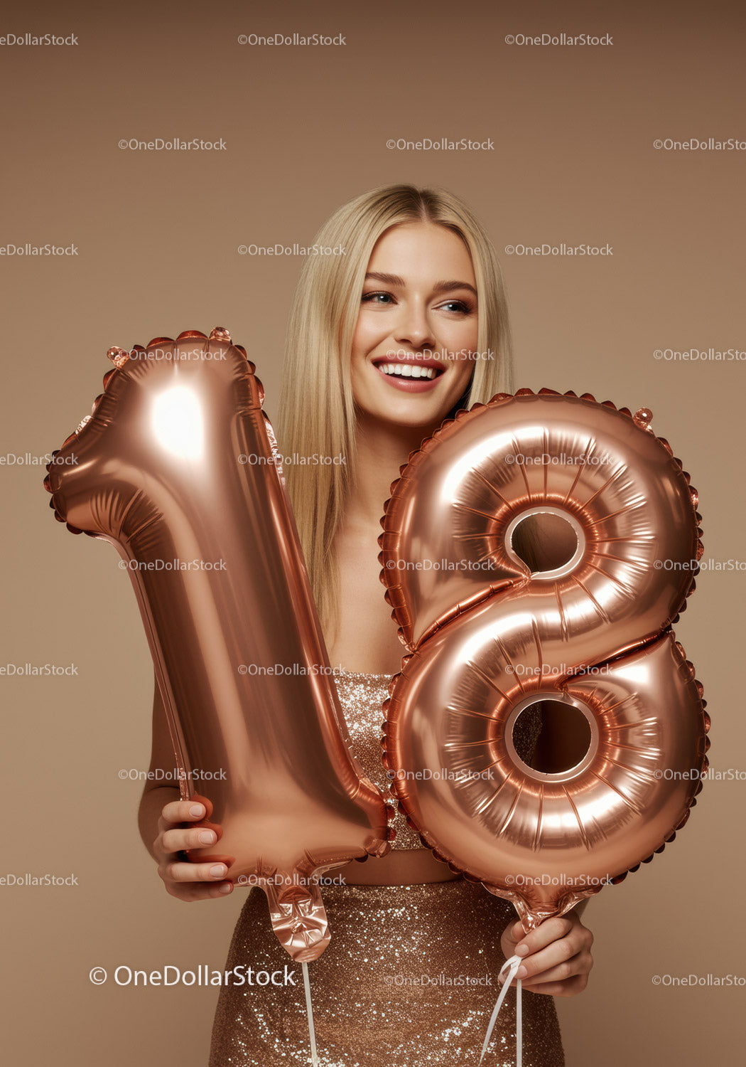 Smiling young woman celebrating eighteenth birthday with balloons