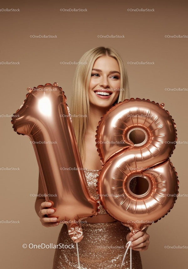 Smiling young woman celebrating eighteenth birthday with balloons