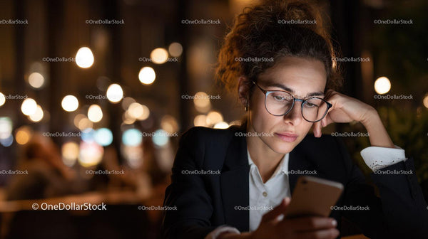 Young Woman in Glasses Using Smartphone at Night with City Lights