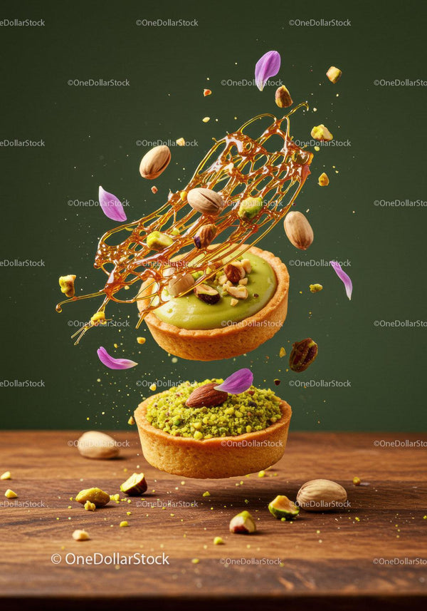 Pistachio tarts with caramel and scattered nuts closeup