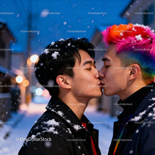 Couple Sharing a Tender Kiss in Snowy Evening