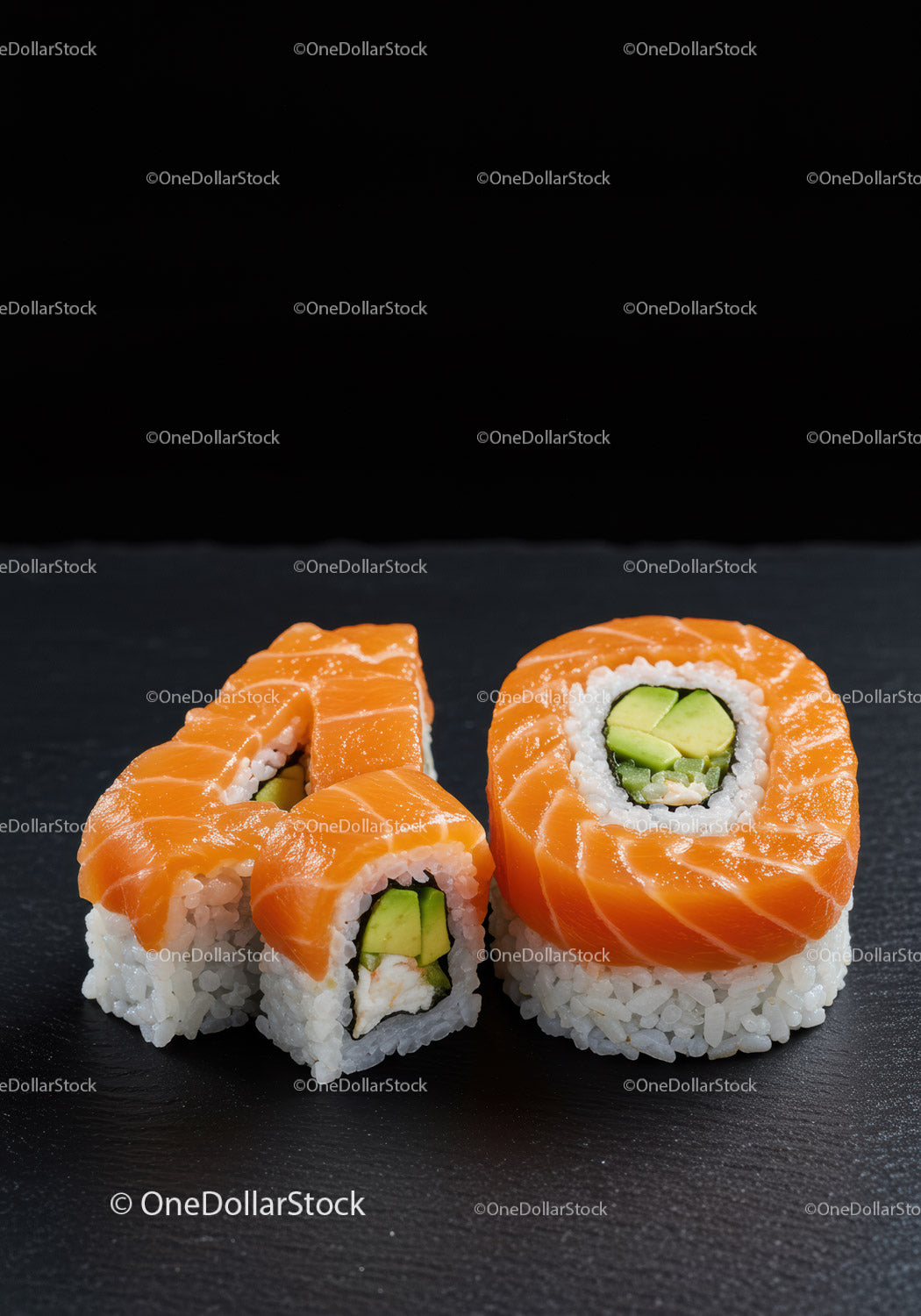 Creative sushi shaped as number ten on black background