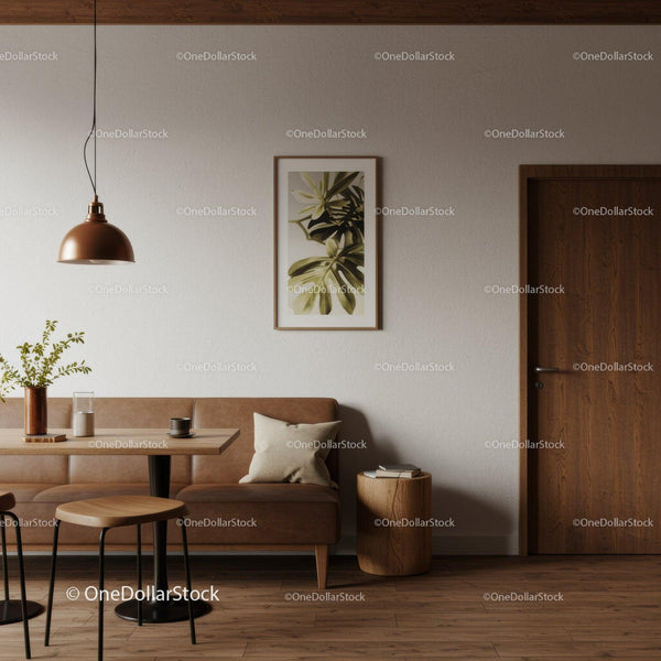 Ciepły Minimalistyczny Salon z Drewnianymi Elementami i Zieloną Rośliną