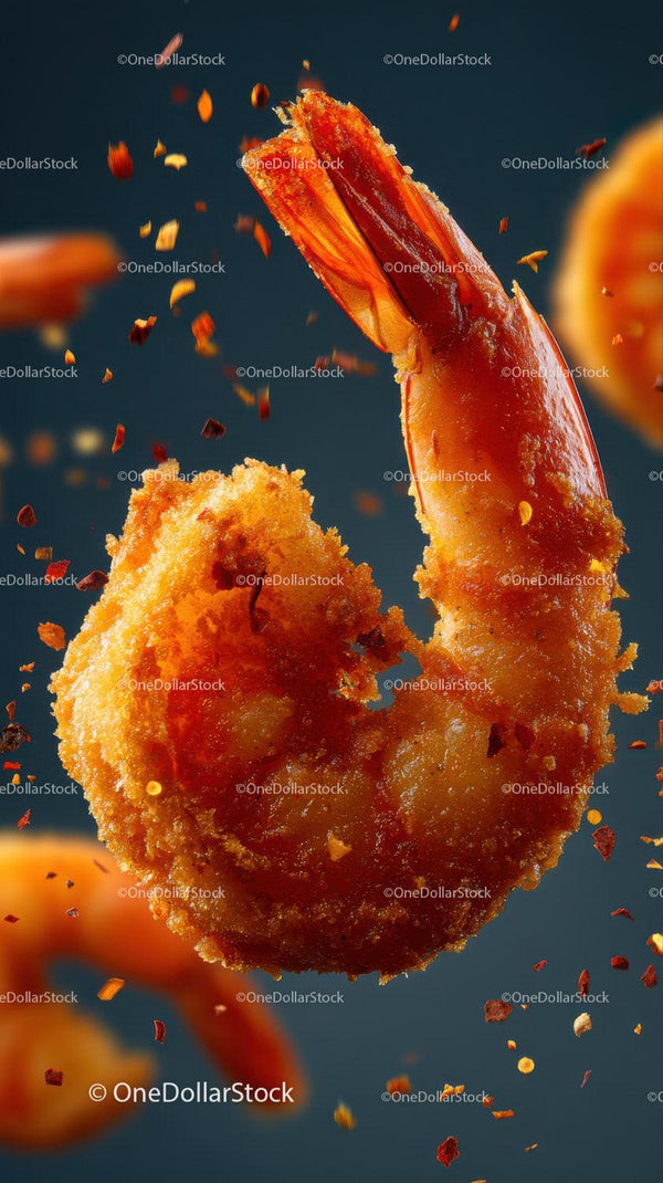 Golden Breaded Shrimp with Spicy Chili Flakes in Close-Up