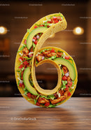 Tasty taco shaped into number six on wooden table