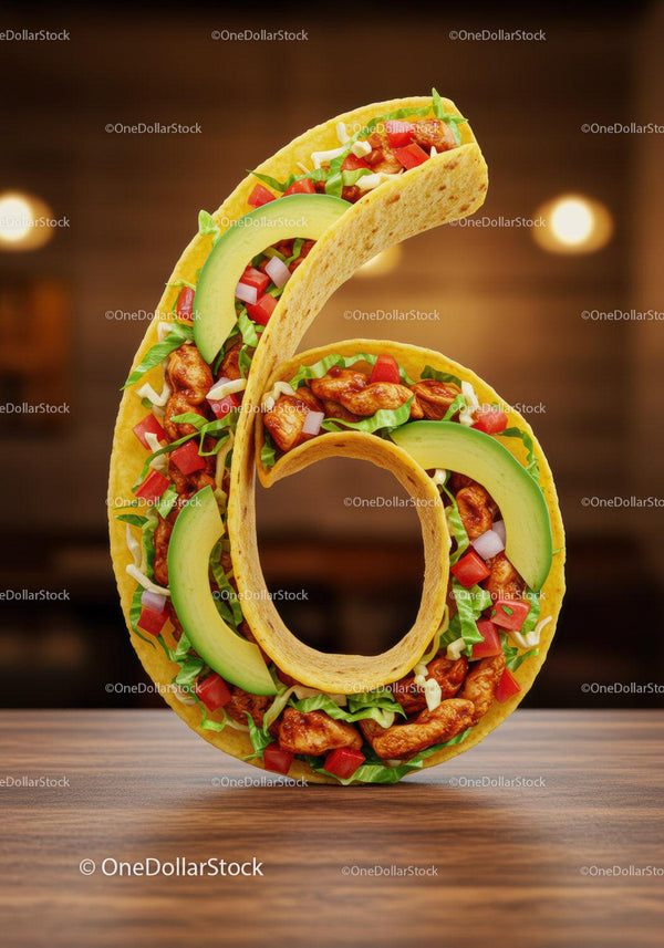 Tasty taco shaped into number six on wooden table