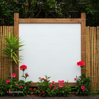 Blank Wooden Frame Surrounded by Vibrant Garden Flowers
