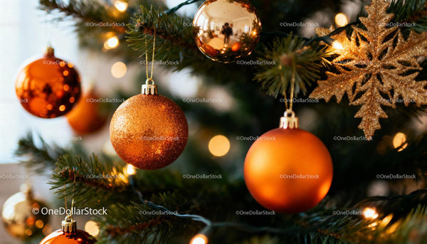 Close-up of Orange Christmas Ornaments on Tree