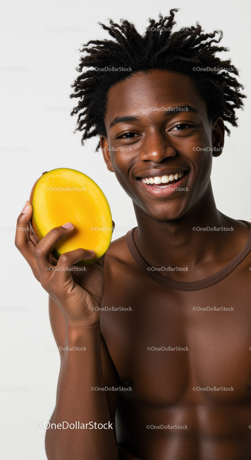 Radosny młody mężczyzna trzymający mango w naturalnym świetle studyjnym