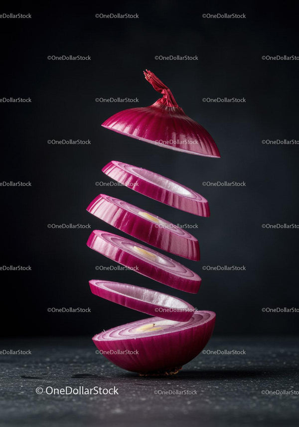 Floating slices of fresh red onion on dark background