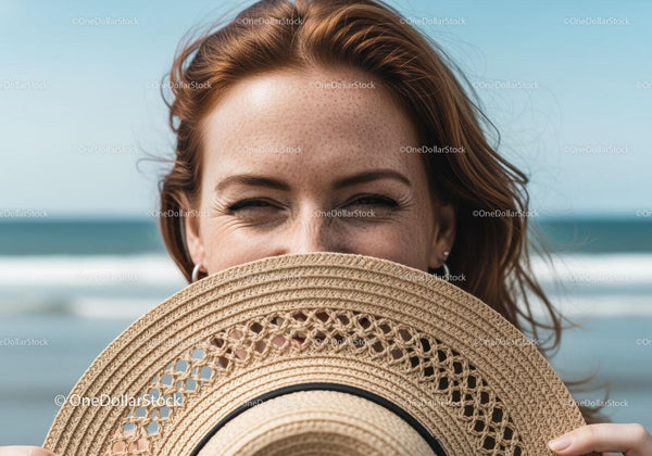 Smiling Young Woman with Straw Hat at the Beach